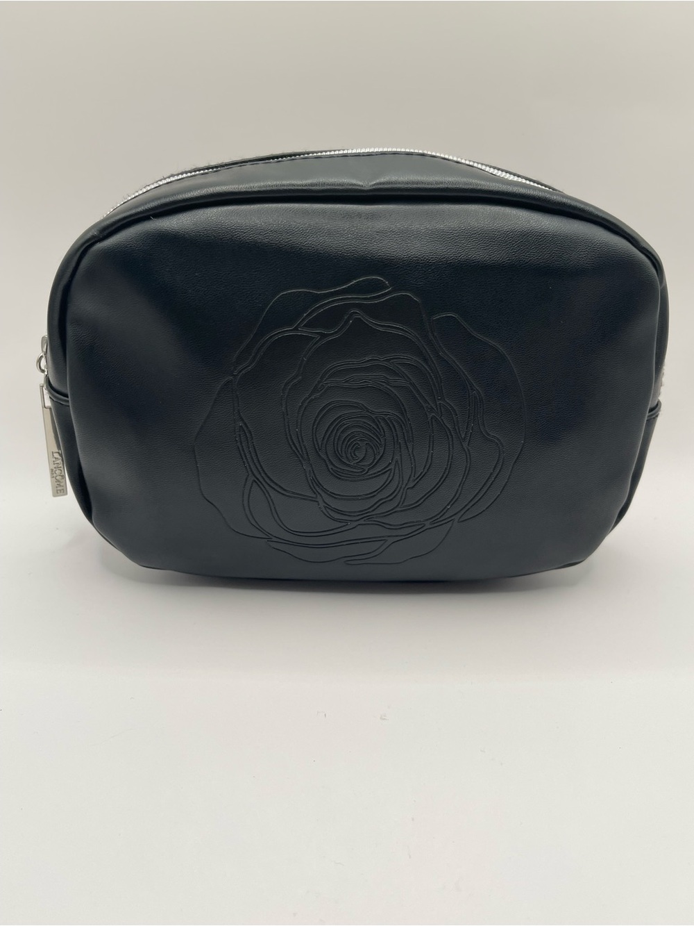 Lancôme Black Faux Leather Makeup Bag Black Rose Logo Design Pouch Travel Case